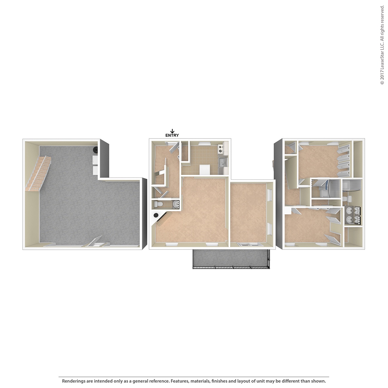 A floor plan of a building with three sections and an entry point.